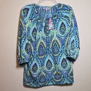Buckhead Betties Blouse with Tie Neckline and 3/4 Sleeves. Oversize S